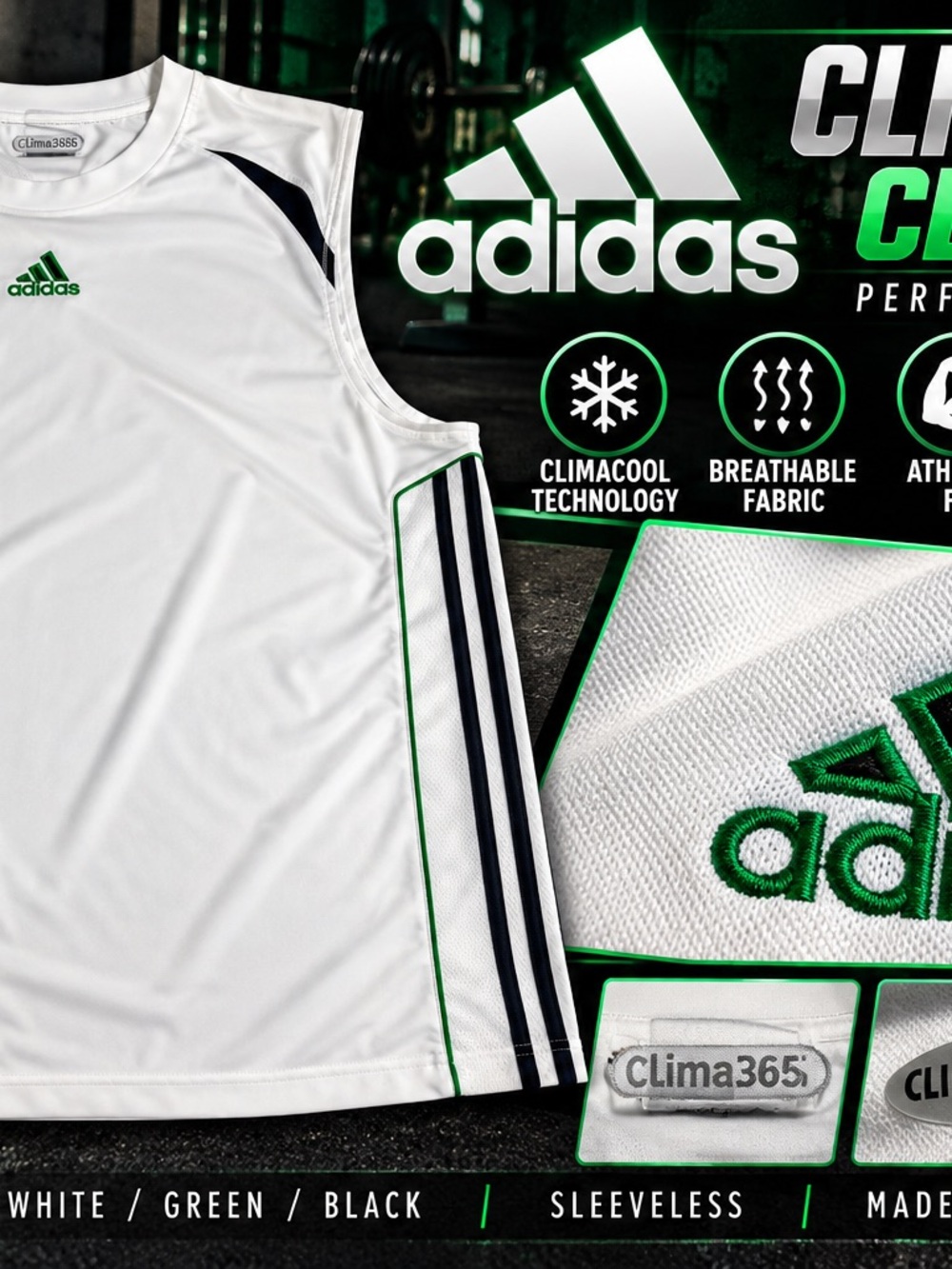Adidas ClimaCool Clima365 Tank Top Mens XL White Green 3 Stripe 2008 Sleeveless